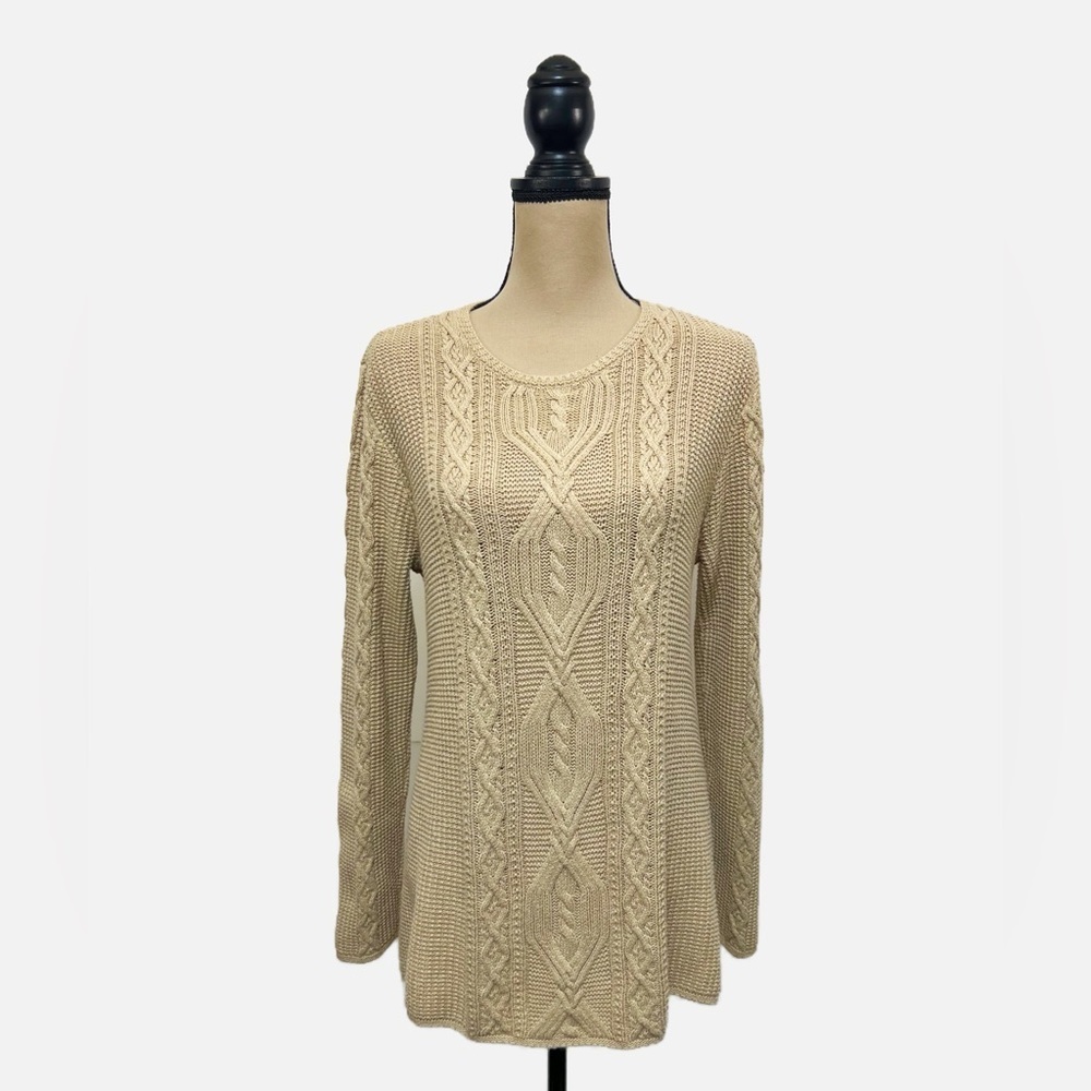 Jeanne Pierre Ecru Tan Long Sleeve Crew Neck Cable Knit Sweater Womens size L - Picture 2 of 5